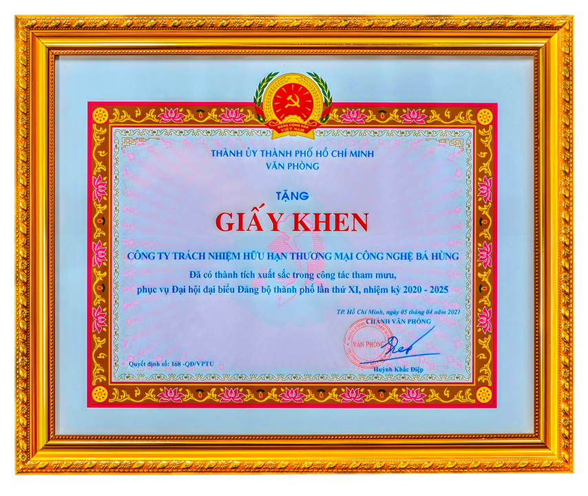 Giấy khen số 1: Thành ủy Thành phố Hồ Chí Minh — Văn phòng Ngày 05 tháng 04 năm 2021