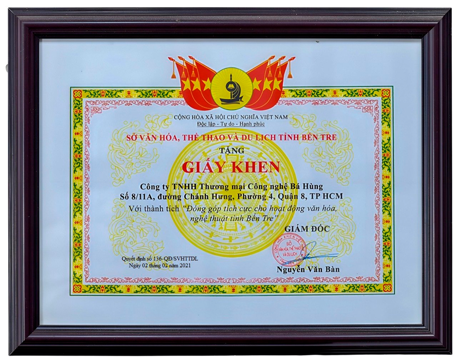 Giấy khen số 8: Sở Văn hóa, Thể thao và Du lịch tỉnh Bến Tre, Ngày 02 tháng 02 năm 2021 QĐ số: 136-QĐ/SVHTTDL