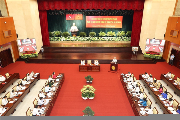Quang cảnh buổi làm việc của Tổng Bí thư Nguyễn Phú Trọng với Thành ủy TPHCM